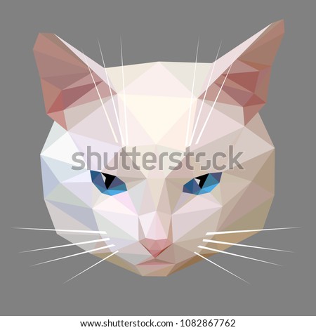 Vector low poly style illustration of a white cat face with blue eyes isolated on a gray background. Polygon graphics.