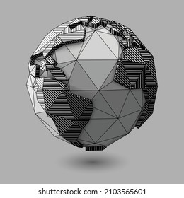 Vector low poly style line art earth globe  design. Three-dimensional low poly world line- art style. 