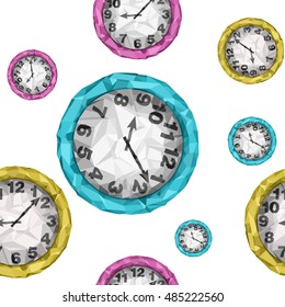 Vector low poly style seamless pattern. Isolated blue, pink and yellow clocks.