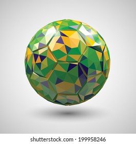 Vector low poly style soccer ball shaped by triangles with the Brazilian flag's colors