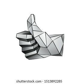 Vector low poly thumb up modeling on a white background. Vector geometric like icon in 3D polygon style.