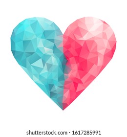  Vector low poly triangle illustration of  two halves of heart, pink and blue, united together. Concept of happy love, harmony in relationship and romance. Femininity and masculinity.