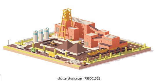 Vector low poly underground mining coal mine with headframe and train terminal