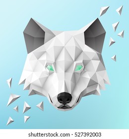 Vector low poly volumetric illustration. Polygonal white wolf head icon. Art. Grey dog. Cyan eyes. Sign. EPS 8. Cold turquoise background. Gradient fond.