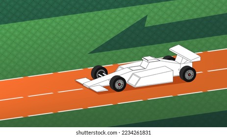 Vector de baja polilla volumétrica blanco de carreras de papel de coche 3d fórmula en carretera naranja y fondo verde texturado. Cartel o tapiz.