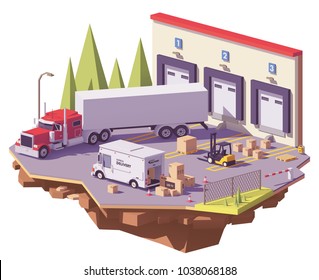 Vector low poly warehouse with trucks, forklifts and goods