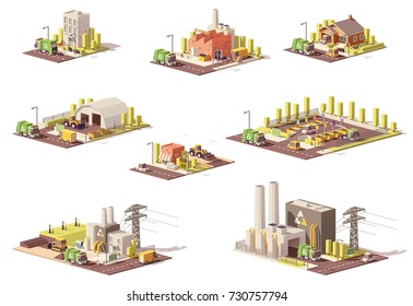 Vector low poly waste management infrastructure. Includes garbage collection, separation, landfill gas collection and recycling facilities