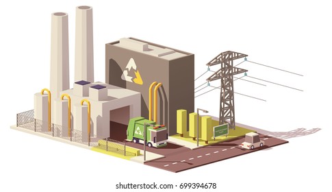 Vector low poly waste-to-energy plant icon with power line and garbage truck