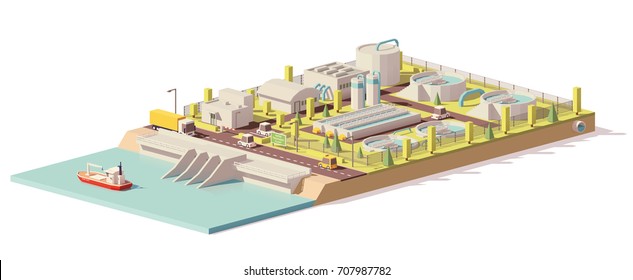 Vector low poly water treatment plant infrastructure with water channel and related facilities