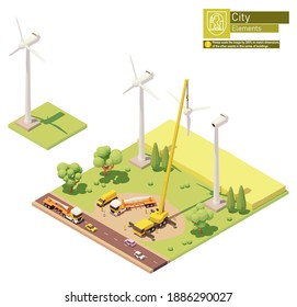 Vector low poly wind turbines farm construction. Onshore wind farm construction. Workers installing rotor blades with crane. Isometric city map elements