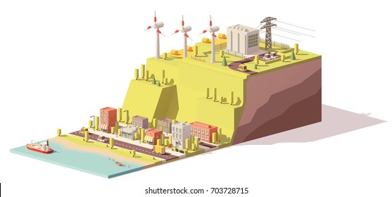 Vector Low Poly Wind Turbines Power Plant Infrastructure. Includes Onshore Wind Farm, Power Lines And City