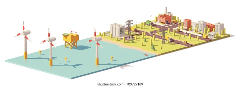 Vector low poly wind turbines power plant infrastructure. Includes offshore wind farm, power lines and city