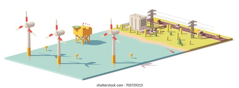 Vector low poly wind turbines power plant infrastructure. Includes offshore wind farm, power lines