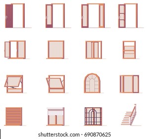 Vector low poly windows and doors set