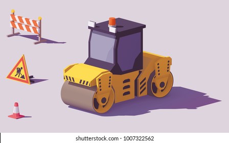 Vector low poly yellow road roller or asphalt compactor with road works signs