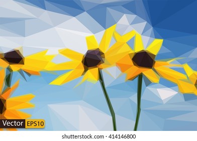 Vector low poly yellow rudbeckia flowers under blue sky