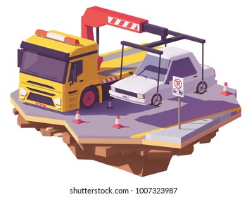 Vector low poly yellow tow truck or wrecker towing the car away from no-parking zone