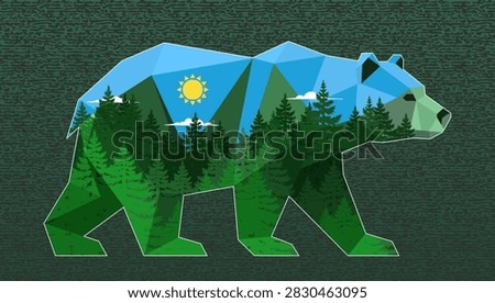 Vector low polygon powerful walking large grizzly bear. Dense coniferous forest, blue sky and stylized sun. Collage, nature, clouds and environment. Spirit of forests of Siberia, Alaska and Canada