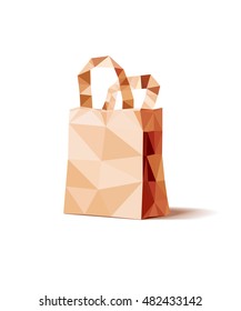 Vector low polygonal illustration of yellow paper shopping package isolated on white background.