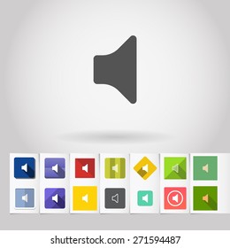 Vector low volume sound speaker icon and big set of square flat web mobile buttons on paper background