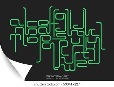 Vector lower case 3d modern alphabet. Images and associations: cocktail tube, pipeline, conduit, labyrinth, corrugating, chip, technology, connection. Green letters on black background.
