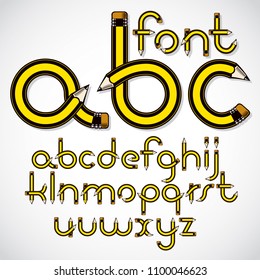 Vector lower case English alphabet letters collection created using stationery design, constructed with pencils. Best for use in logotype design for drawing art class.