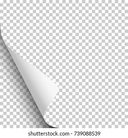 Vector lower left curl with shadow on blank transparent sheet of paper. Element for ad.