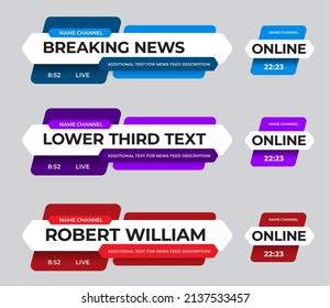 Vector lower third, news line for media, video, tv channels, title hexagonal plate. Set illustration with colored inserts. Dashboard template with header, text, info on white background