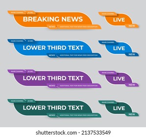 Vector lower third, news line for media, video, tv channels, abstract form title plate. A set of dashboards with color inserts header, name, text. Illustration template with design on white background