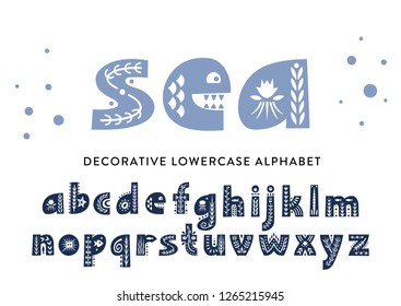 Vector lowercase alphabet decorated with sea patterns.