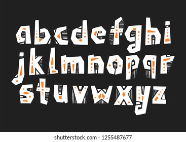 Vector lowercase cut out alphabet in pagan style with patterns.