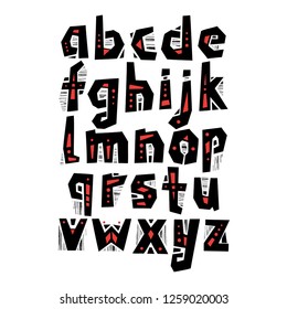 Vector lowercase cut out alphabet in pagan style with patterns and textures.