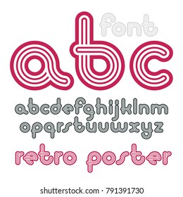 Vector lowercase funky disco alphabet letters set. Trendy font, typescript for use in logo creation. Created using geometric triple stripes.