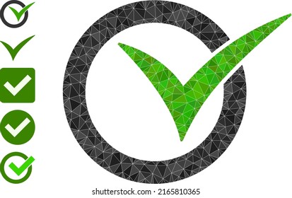 La ilustración de icono de aprobación de bajo polígono vectorial se combina con triángulos rellenos dispersos. Triángulo de aprobación de ilustración vectorial de icono poligonal. Símbolo de malla geométrica plana basado en el icono de aprobación.