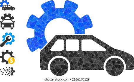 La imagen del icono de la industria automovilística de bajo polígono vectorial está construida con elementos triangulares rellenos al azar. Ilustración vectorial de símbolo polígono de la industria automovilística triangular.