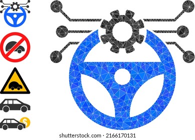 Vector low-poly autonomous car pilot icon illustration is constructed of chaotic filled triangle parts. Triangle autonomous car pilot polygonal symbol vector illustration.
