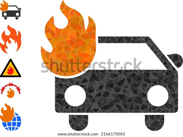 Vector lowpoly car fire icon illustration\
is designed with randomized filled triangles. Triangulated car fire\
polygonal symbol vector\
illustration.