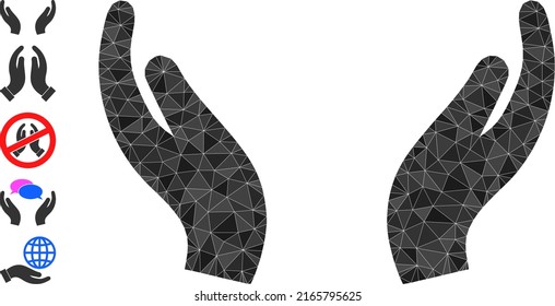 Vector low-poly care palms icon image is designed with chaotic filled triangle parts. Triangle care palms polygonal icon vector illustration. Flat geometric mesh illustration based on care palms icon.