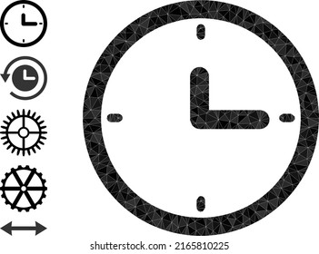 Vector lowpoly clock icon illustration constructed with scattered filled triangle parts. Triangle clock polygonal icon vector illustration.