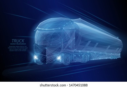 Vector low-poly concept illustration on deep blue background, truck with tank, symbol of logistics, business, and trade.