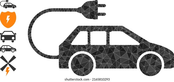 Vector low-poly electric car icon image is constructed with randomized filled triangle items. Triangle electric car polygonal symbol vector illustration.