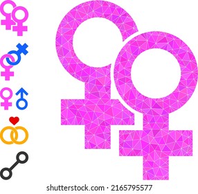Ilustración de iconos femeninos de bajo polígono vectorial está diseñada para elementos triangulares rellenos al azar. Ilustración vectorial de icono poligonal de signos hembras trianguladas.