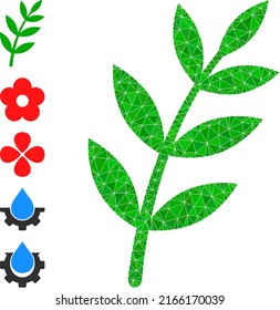Die Vektorgrafik mit niedriger Poly-Flora-Pflanze wird mit verstreuten, gefüllten Dreieckteilen kombiniert. Triangulierte Pflanzenpflanze polygonal 2d Vektorgrafik.