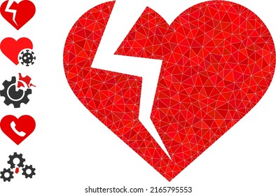 Vector lowpoly heart break icon illustration is combined with random filled triangle parts. Triangle heart break polygonal symbol vector illustration.