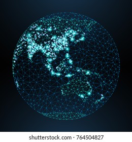 Vector low-poly image of a globe with lights in the form of world cities or population density, consisting points, lines and shapes in form of stars and space. View of Asia.