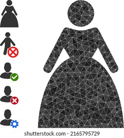 Icono vector de dama de baja polilla está diseñado de piezas triangulares cargadas caóticas. Ilustración vectorial de símbolo poligonal de dama triangulada. Ilustración poligonal geométrica plana basada en el icono de lady.