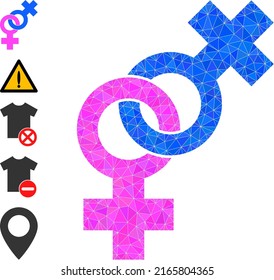 Ilustración del icono de señalización de pareja lésbica vectorial de bajo politiqueo se combina con triángulos rellenos aleatoriamente. Pareja lesbiana triangular signo ilustración 2d vectorial poligonal.