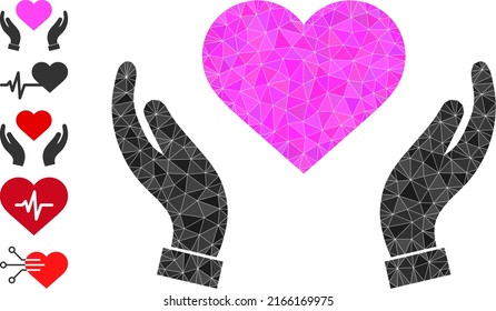 Die Vektorgrafik mit Low-Poly-Liebespflege-Händen ist mit zufälligen, gefüllten Dreieck-Elementen gestaltet. Triangle love care hat polygonal Symbol Vektorgrafik.
