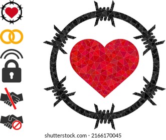 La ilustración del icono vectorial de la cárcel de amor de baja polilla se combina con partes caóticas del triángulo lleno. Ilustración vectorial de icono poligonal triangulada de la cárcel de amor.