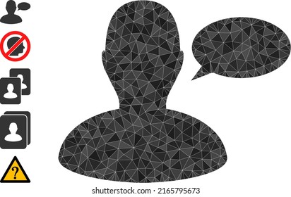 Vector low-poly man opinion icon illustration is combined with chaotic filled triangle items. Triangle man opinion polygonal 2d vector illustration.
